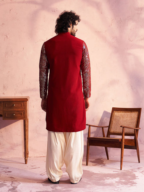 Men's Maroon Georgette Embellished Kurta Patiala Set